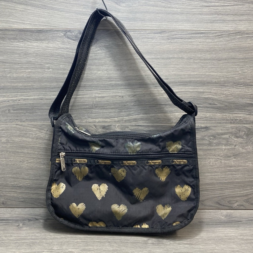 LeSportsac Black Gold Heart Print Hobo Shoulder Bag Purse Crossbody